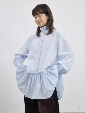 步履不停/5A11230C/立领抽皱花边拼接中长款衬衫
