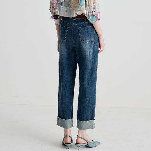 谜底牛仔裤女2025夏新品百搭卷边裤脚撞色法棍裤九分裤252MK0533 商品图2