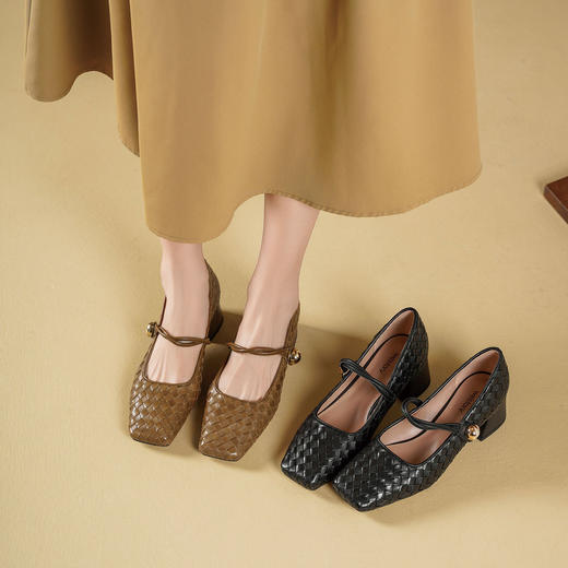 Westory2025年春季方头中跟牛皮编制玛丽珍通勤百搭老钱风浅口单鞋S25AE57861 商品图5