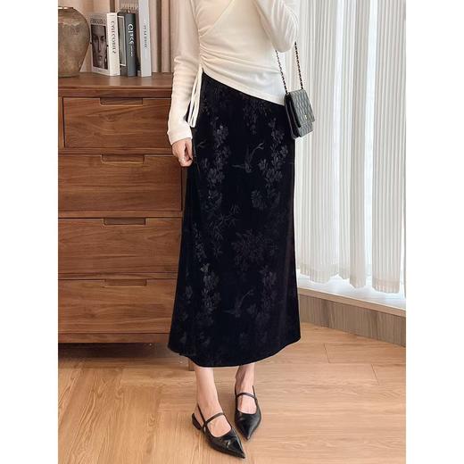 喜鹊竹叶直筒微A显瘦知性优雅丝绒半裙 商品图1