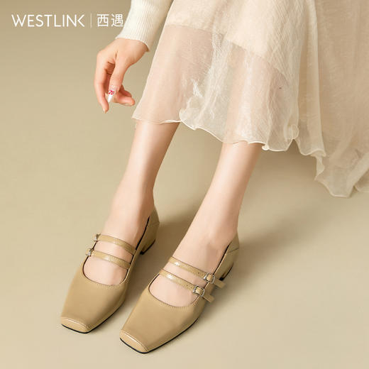 西遇粗跟玛丽珍鞋女新款春夏芭蕾法式小皮鞋方头黑色中跟单鞋V0556488 商品图1