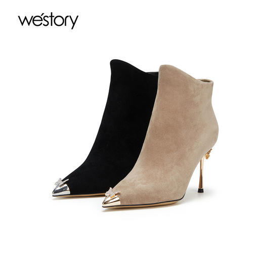 westory2023秋季新品女网红高跟半筒靴金属尖头细跟脚踝靴W23DS82771 商品图0
