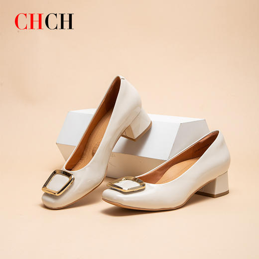 CHCH平衡鞋2025春夏新款牛漆皮粗跟女浅口单鞋不累脚CP1B5131 商品图0