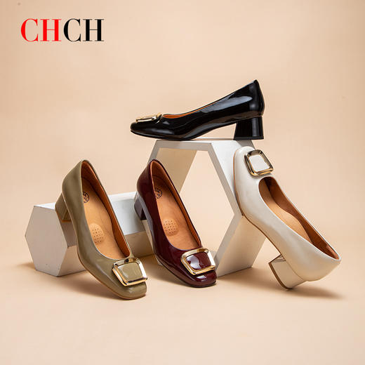 CHCH平衡鞋2025春夏新款牛漆皮粗跟女浅口单鞋不累脚CP1B5131 商品图1