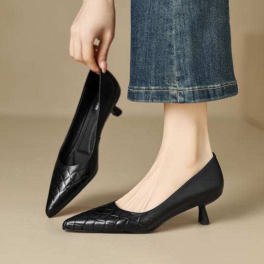 【预售5天】里外全皮细跟尖头编织浅口单鞋羊皮韩版时尚复古中跟猫跟鞋通勤YS&9712 商品图1