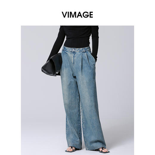 VIMAGE纬漫纪复古百搭直筒高腰阔腿显瘦牛仔裤2025春季新款V2305923 商品图3