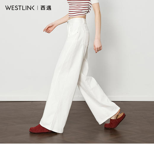 西遇慵懒风阔腿裤女新款通勤小个子高腰白色宽松牛仔裤V0050679 商品图0