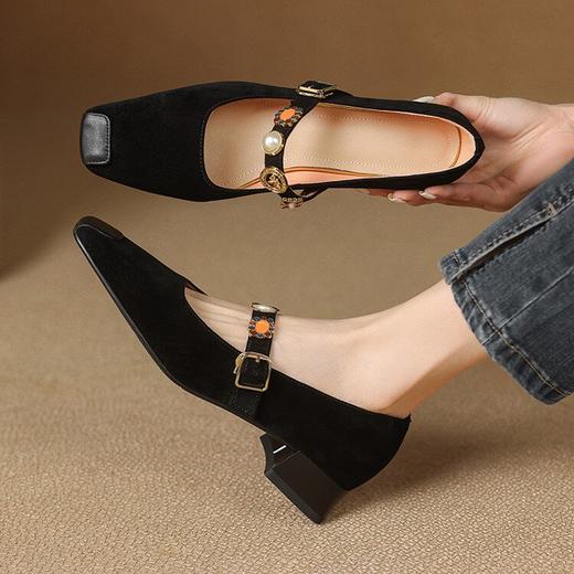 【预售5天】法式复古磨砂真皮一字带粗跟玛丽珍鞋女春秋新款方头中跟浅口单鞋SLLK&sl-7880 商品图1