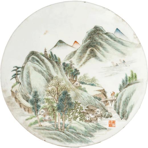 民国 浅绛彩山水人物圆光瓷板画 商品图5