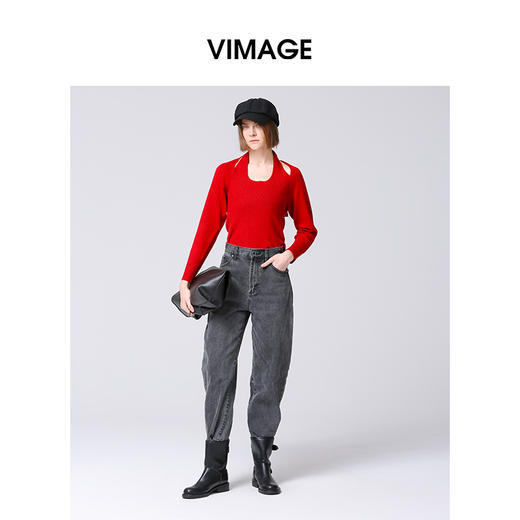 VIMAGE纬漫纪时修身显瘦设计感露背小性感针织衫秋冬新款V2201809 商品图3