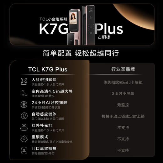 TCL3D人脸识别猫眼锁指纹锁智能锁智能门锁密码锁家用电子锁K7GPlus 商品图2