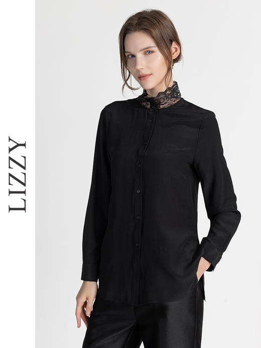 LIZZY早秋精致百搭通勤名媛风桑蚕丝蕾丝领衬衣8138 商品图1