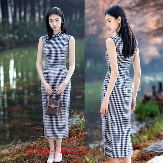 棉麻格子长款无袖旗袍2025春夏新款时尚文艺改良新中式旗袍SYK22691 商品图1