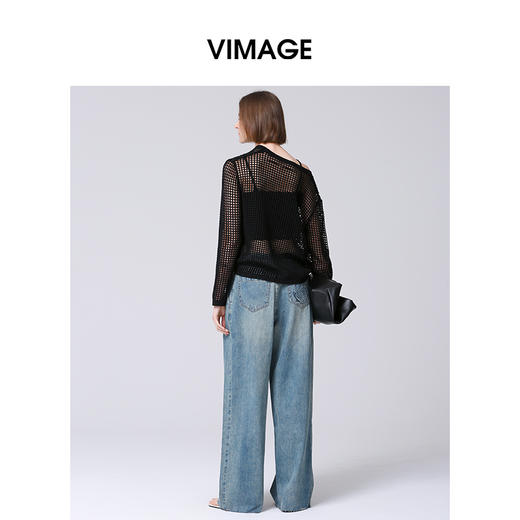 VIMAGE纬漫纪慵懒感时尚垂坠宽松镂空针织衫上衣2025春季新款V2301919 商品图4