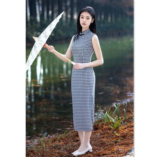 棉麻格子长款无袖旗袍2025春夏新款时尚文艺改良新中式旗袍SYK22691 商品图3