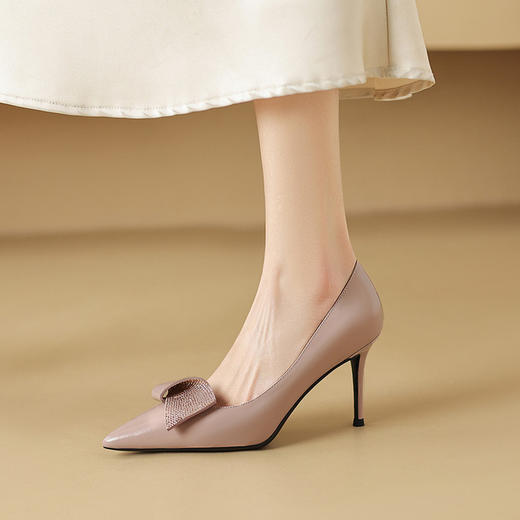 【预售5天】气质尖头蝴蝶结细跟单鞋新款真皮气质高跟鞋女浅口鞋春秋款HY&M1065-1 商品图2