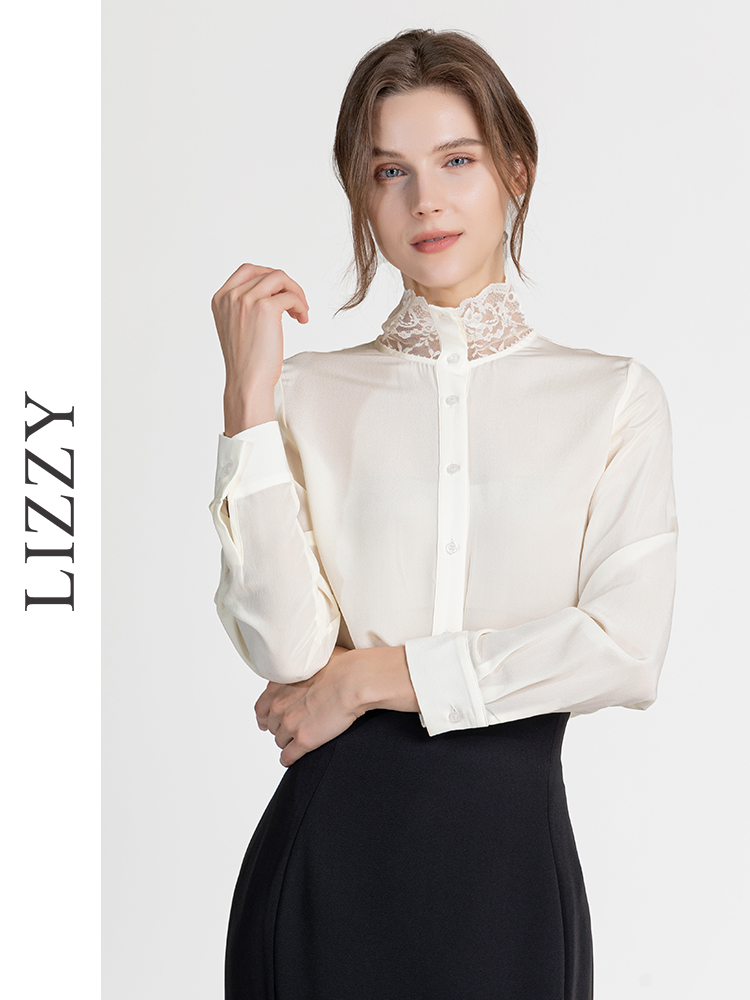 LIZZY早秋精致百搭通勤名媛风桑蚕丝蕾丝领衬衣8138