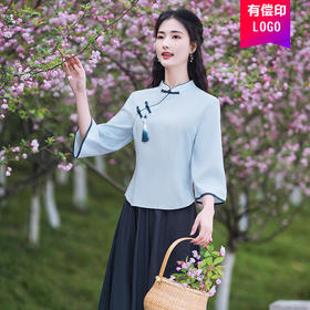 复古棉麻旗袍套装，年轻版茶服两件套唐装6813