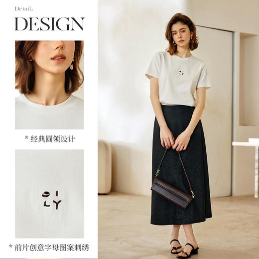 OLrain欧芮儿简约白色百搭T恤纯棉刺绣圆领2025夏季新款短袖上衣 商品图1