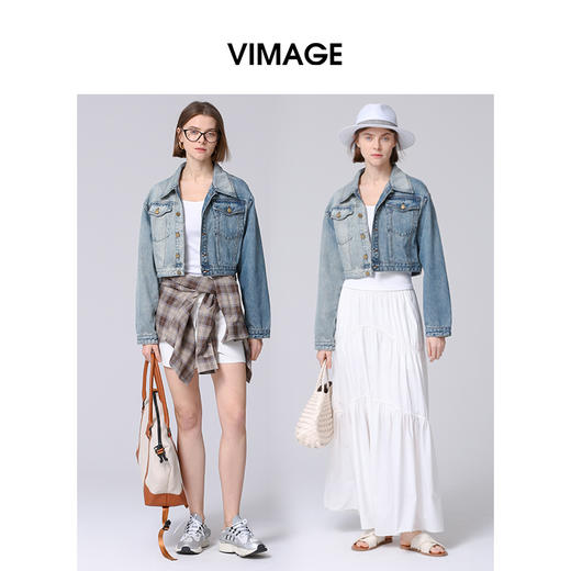 VIMAGE纬漫纪秋季新款时尚气质通勤复古牛仔短外套V2003615 商品图1
