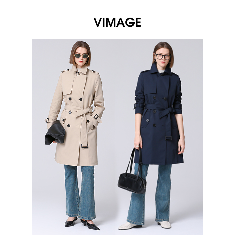 VIMAGE纬漫纪女装秋款经典翻领收腰中长款风衣女时尚外套V1404005DC
