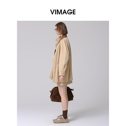 VIMAGE纬漫纪帅气立领时尚卡其色宽松中长款风衣外套2025春季新款V2304901 商品图2