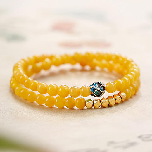 好事莲莲鸡油黄蜜蜡双圈手串 细腻温润串珠手链新中式国风叠戴手串一物一证 商品图0