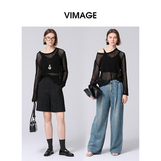 VIMAGE纬漫纪慵懒感时尚垂坠宽松镂空针织衫上衣2025春季新款V2301919 商品图0