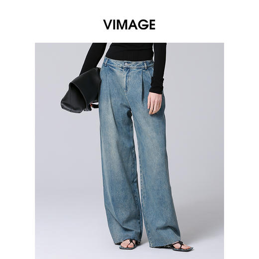 VIMAGE纬漫纪复古百搭直筒高腰阔腿显瘦牛仔裤2025春季新款V2305923 商品图0