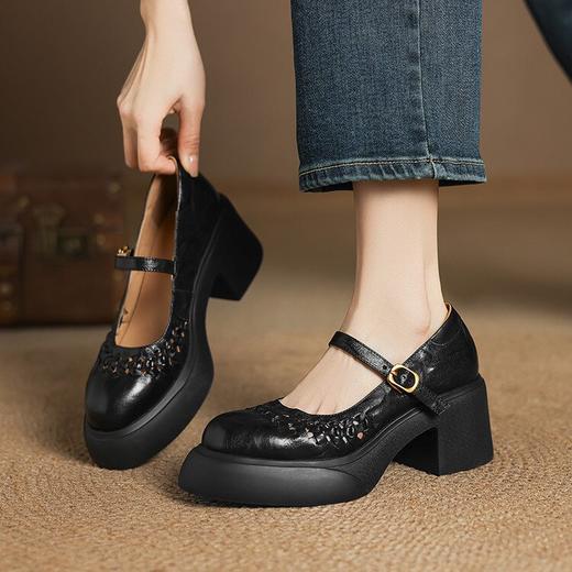 【预售5天】仙女风白色玛丽珍鞋新款春夏季羊皮编织厚底粗跟真皮单鞋女TYMXY&1943 商品图3