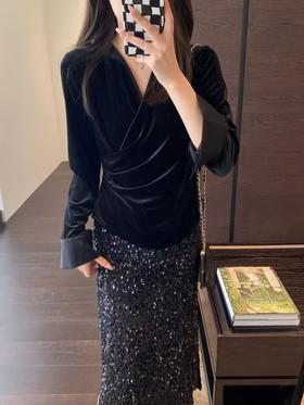 显瘦丝绒侧衣襟捏褶V领OL小性感丝绒衫