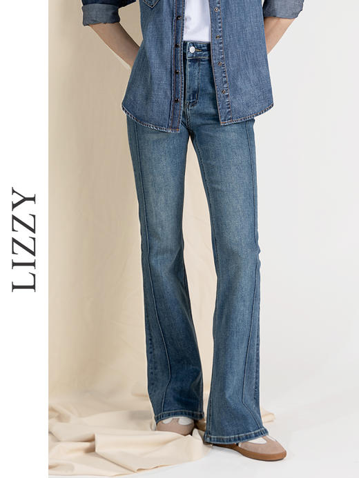 LIZZY早秋弹力高腰微喇修身气质牛仔长裤8137 商品图1