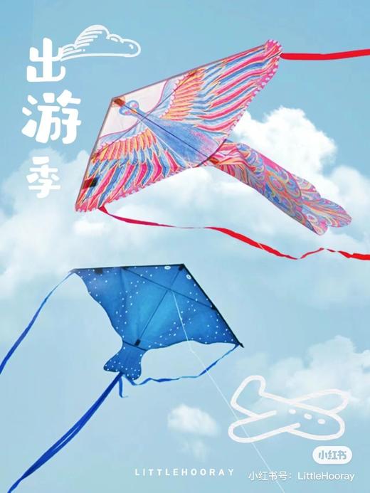【出游好物丨吾家春季风筝系列】选用优质布料，轻盈结实高韧性不易破裂，包边加固玻璃钢撑杆，不易折断轻巧易飞，卡通图案加飘带，风一吹很灵动大小朋友都喜欢，周末阳光正好，微风不燥，最适合和孩子一起放风筝了 商品图0