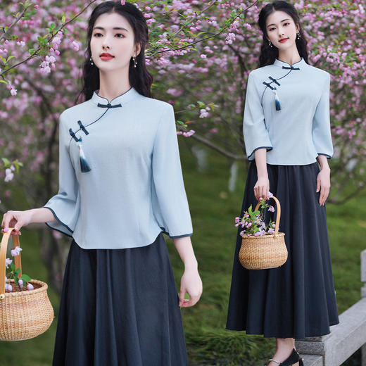 复古棉麻旗袍套装，年轻版茶服两件套唐装6813 商品图2