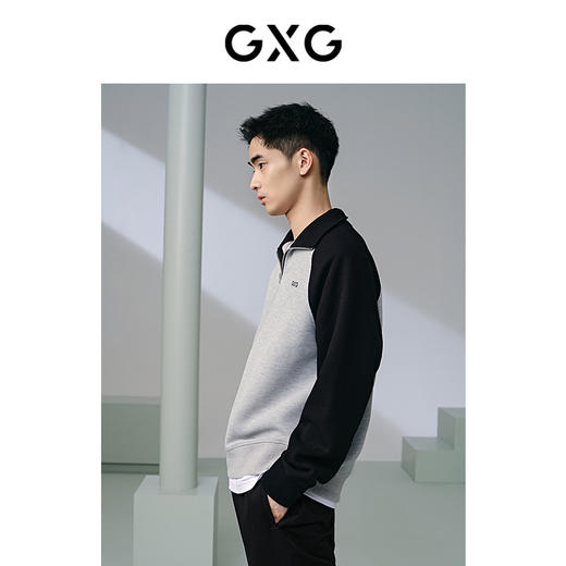 GXG男装 麻灰色华夫格肌理休闲拼接立领卫衣男士上衣春季热卖 商品图3