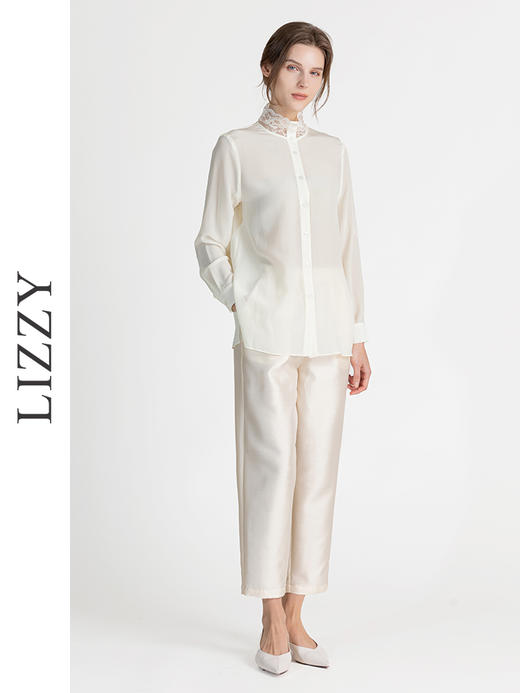 LIZZY早秋精致百搭通勤名媛风桑蚕丝蕾丝领衬衣8138 商品图2