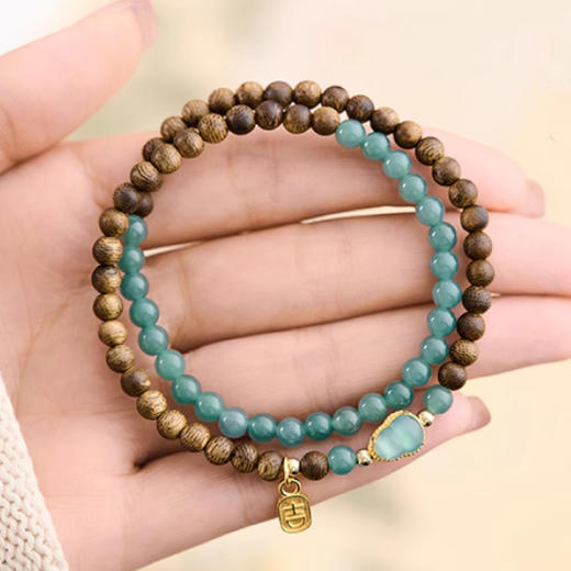 山水福禄沉香木天然翡翠手串5mm  吉牌吊坠玉葫芦双圈手链新中式国风百搭珠串一物一证 商品图4