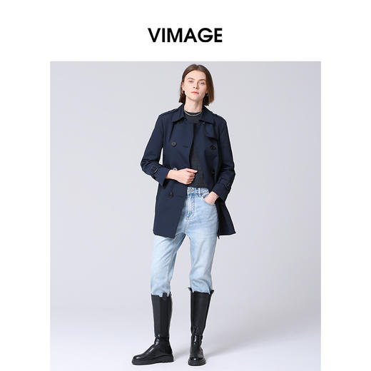 VIMAGE纬漫纪秋款气质翻领双排扣风衣外套女短款时尚经典VA2104109 商品图1