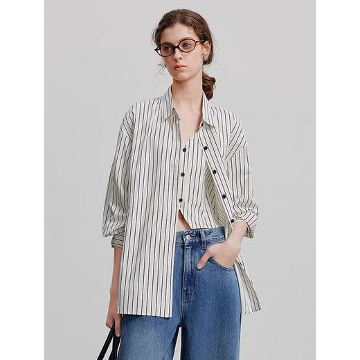 初语条纹衬衫女假两件上衣2025春季新款莱赛尔棉质百搭外搭衬衣 商品图2