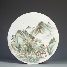 民国 浅绛彩山水人物圆光瓷板画