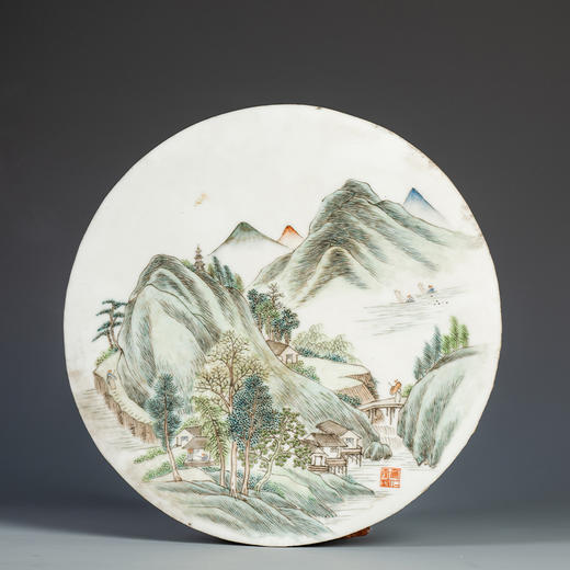 民国 浅绛彩山水人物圆光瓷板画 商品图0