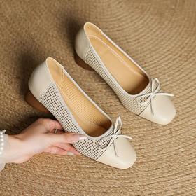 【预售5天】透气春夏低跟羊皮镂空压孔真皮洞洞单鞋QCNX&84-15