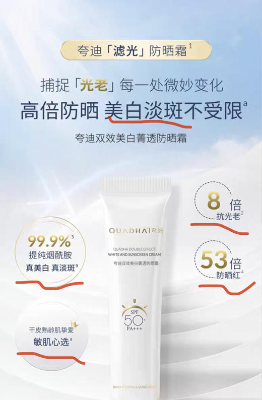 【华熙生物夸迪双效美白防晒霜/HACE抗老次抛/抚纹面霜】高倍防晒，⁢有效抗光老，长效狙黑亮肤  1支多用=防晒+妆前打底+素颜霜 商品图6