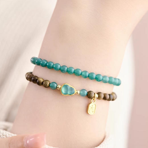 山水福禄沉香木天然翡翠手串5mm  吉牌吊坠玉葫芦双圈手链新中式国风百搭珠串一物一证 商品图3