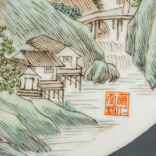 民国 浅绛彩山水人物圆光瓷板画 商品图2