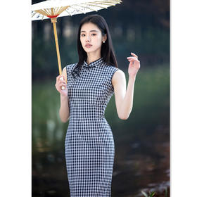 棉麻格子长款无袖旗袍2025春夏新款时尚文艺改良新中式旗袍SYK22691