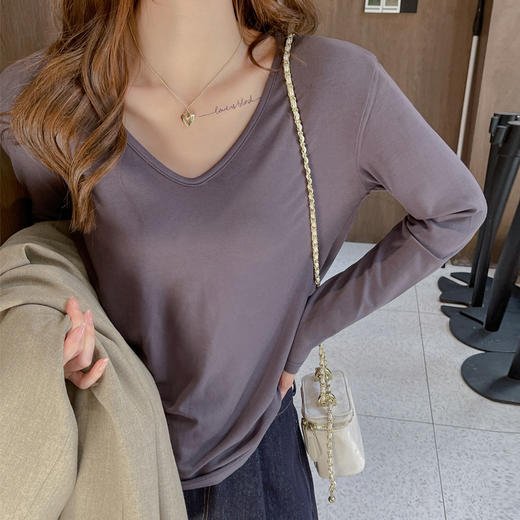 【YW】无忧购韩系慵懒百搭休闲莫代尔V领宽松长袖正肩t恤女2604 商品图8