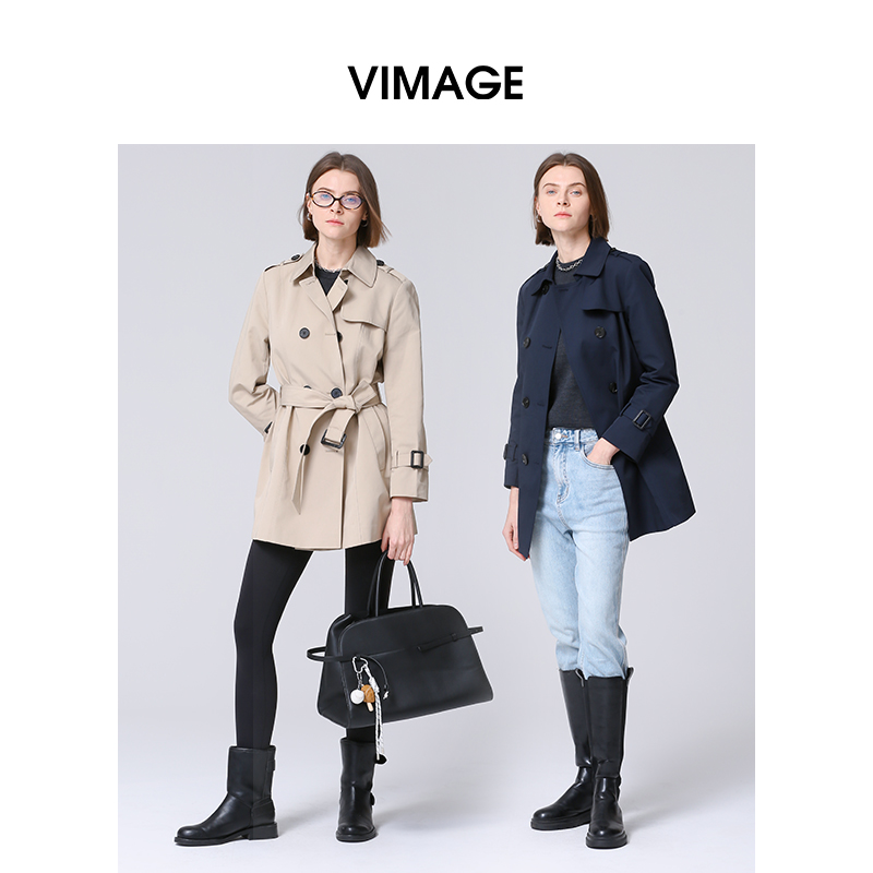 VIMAGE纬漫纪秋款气质翻领双排扣风衣外套女短款时尚经典VA2104109