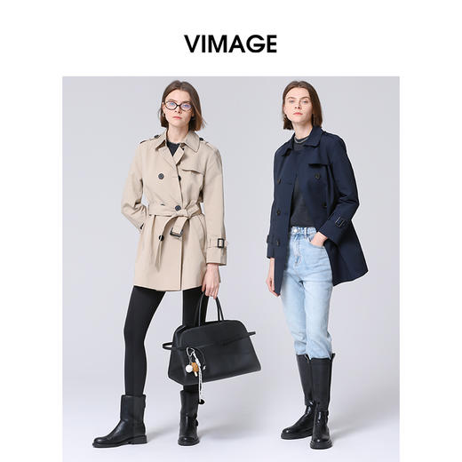 VIMAGE纬漫纪秋款气质翻领双排扣风衣外套女短款时尚经典VA2104109 商品图0
