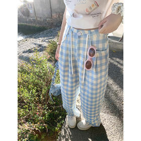 <曾小咸推荐>休闲宽松显瘦蓝白格子高腰休闲裤